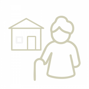 Ältere Frau mit Haus und Stock