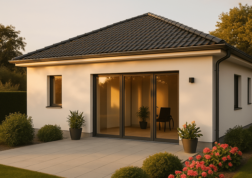 Modernes Haus mit Terrasse und Pflanzen