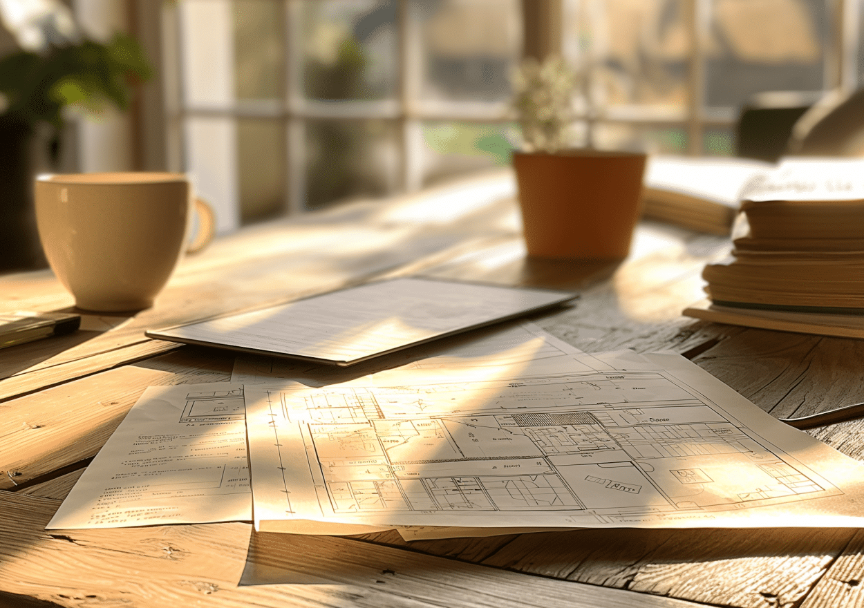 KfW-Förderung: Baupläne auf einem Holztisch