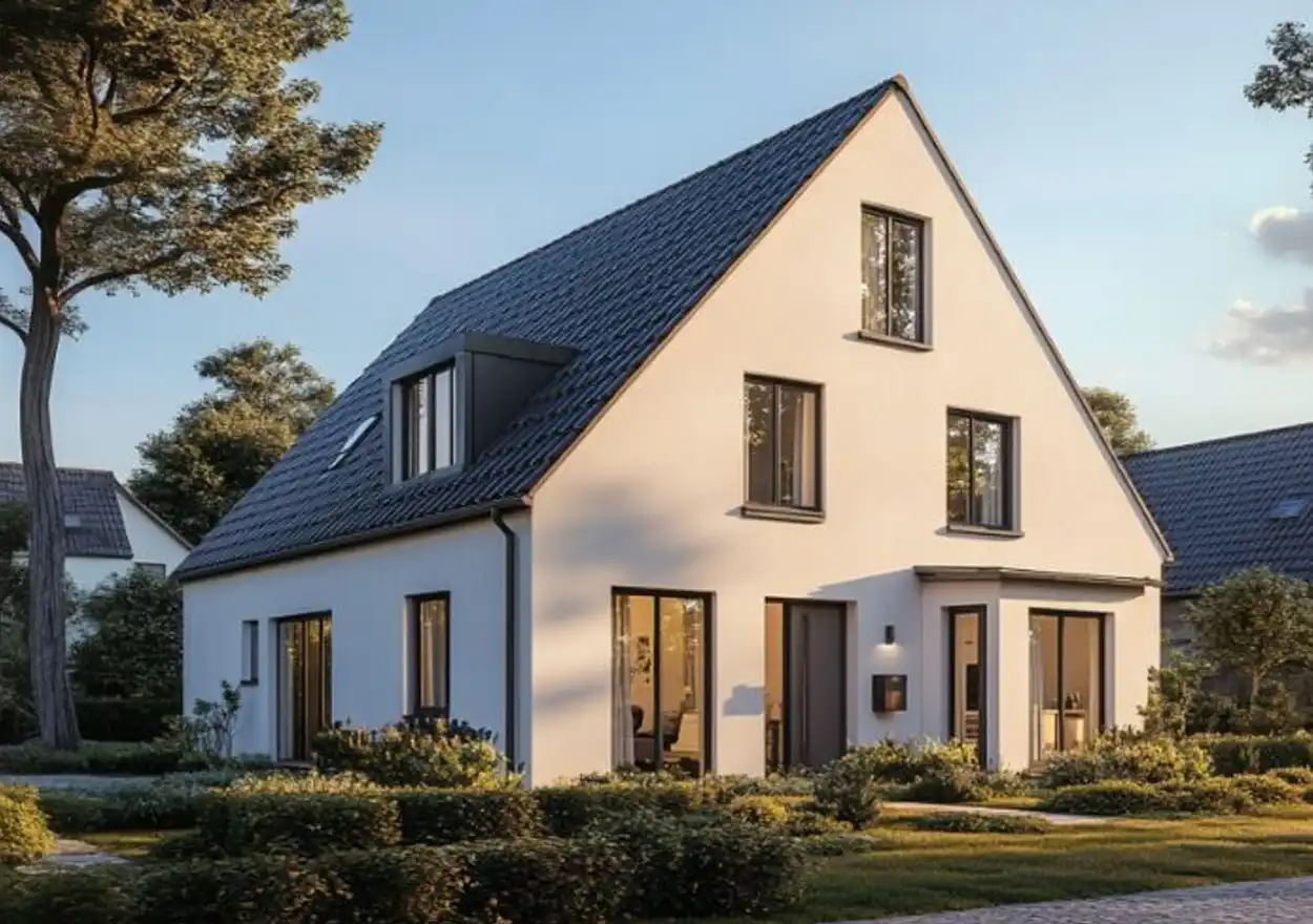 Modernes Haus mit Garten und Bäumen