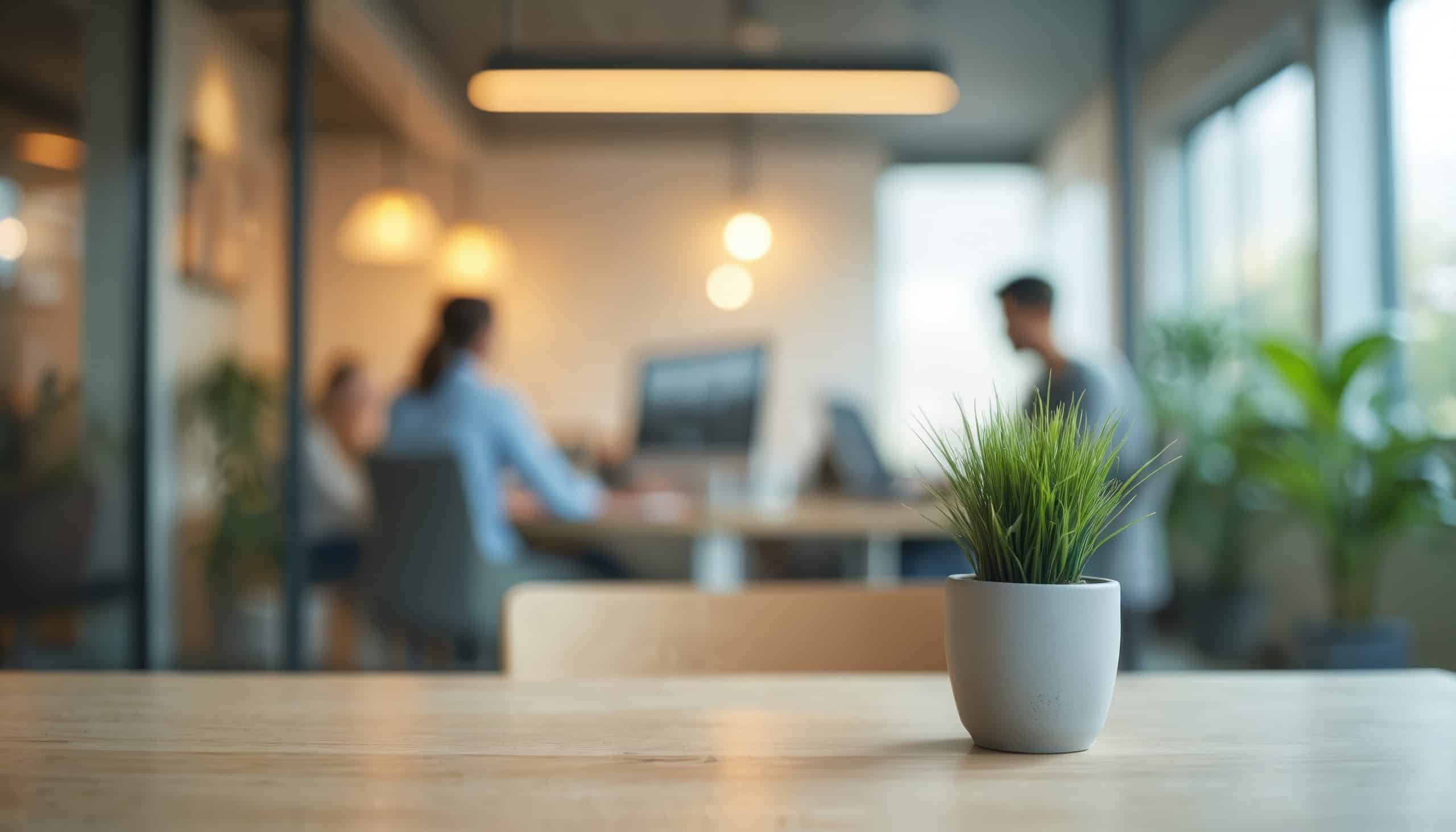 Karriere 2 Karriere bei RheinMassiv: Verschwommene Büroansicht mit Menschen, die hinter einer Glaswand arbeiten. Moderner Arbeitsbereich, Glastrennwand, Unternehmenshintergrund, Geschäftsteam, Besprechungen, Zusammenarbeit im Team. Fokussierter Vordergrund mit Pflanze.