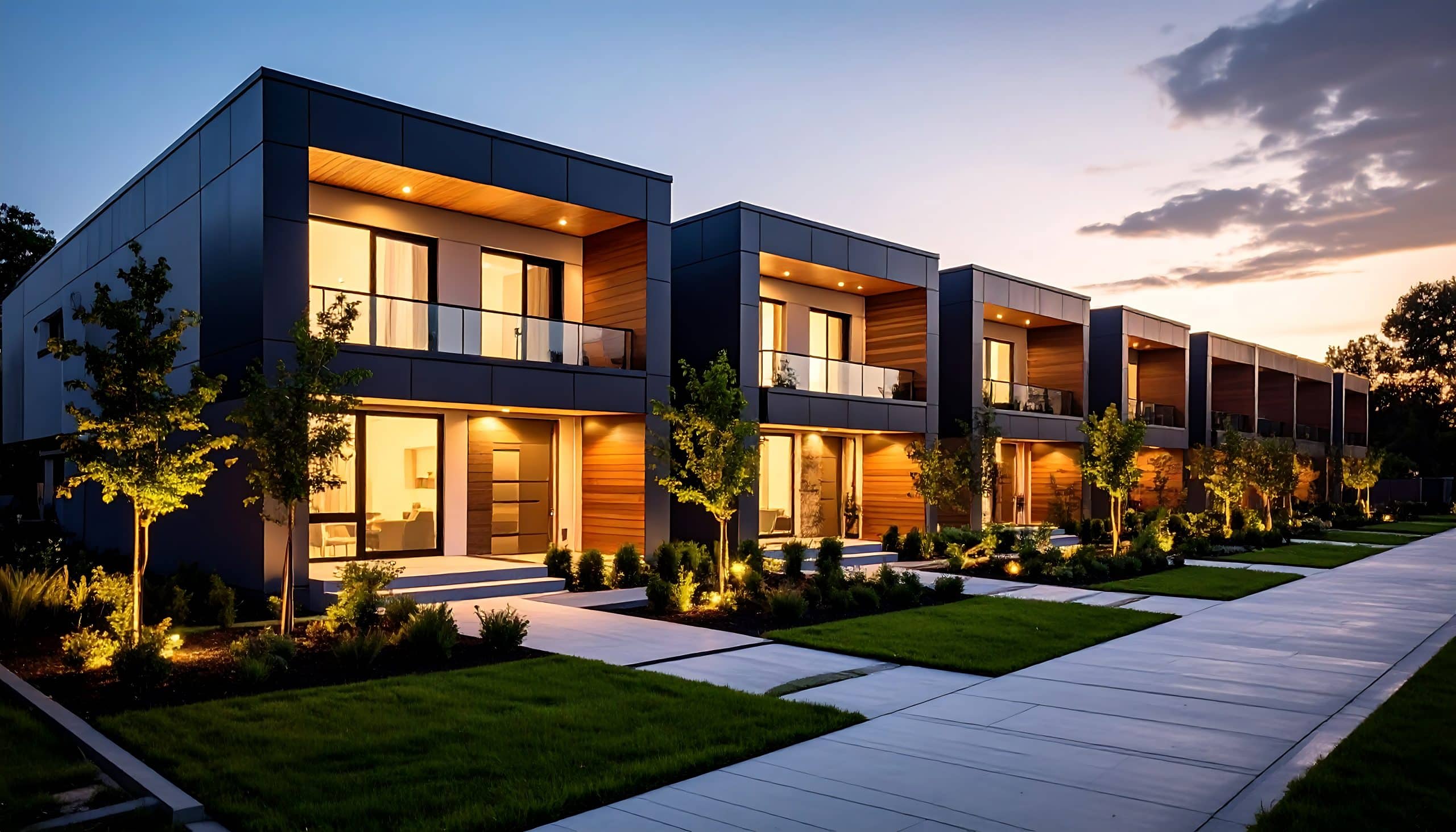 Moderne Wohnhäuser bei Sonnenuntergang