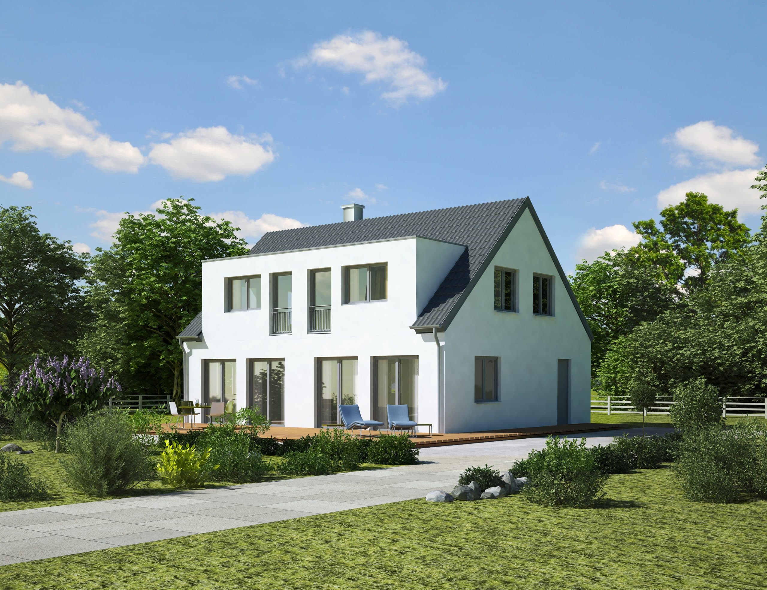 Doppelhaus bauen: Modernes Doppelhaus mit Garten und Terrasse