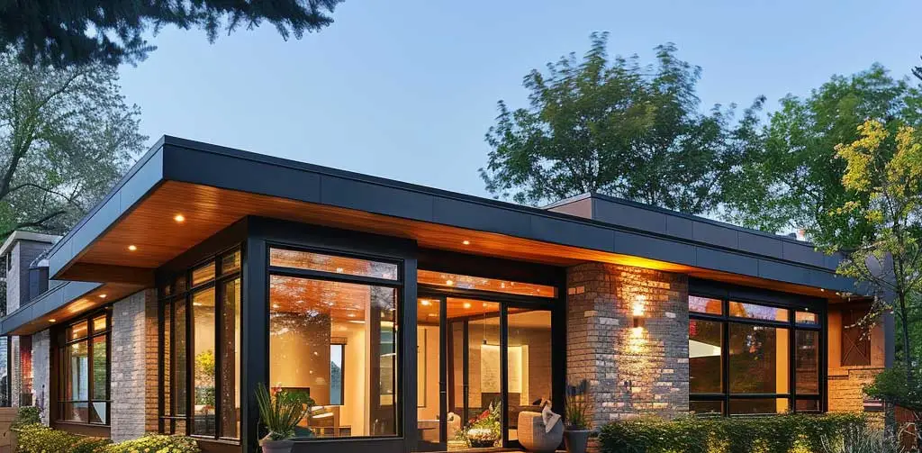 Vorteile eines Bungalows: Modernes Bungalow mit großen Fenstern, in der Dämmerung beleiuchtet