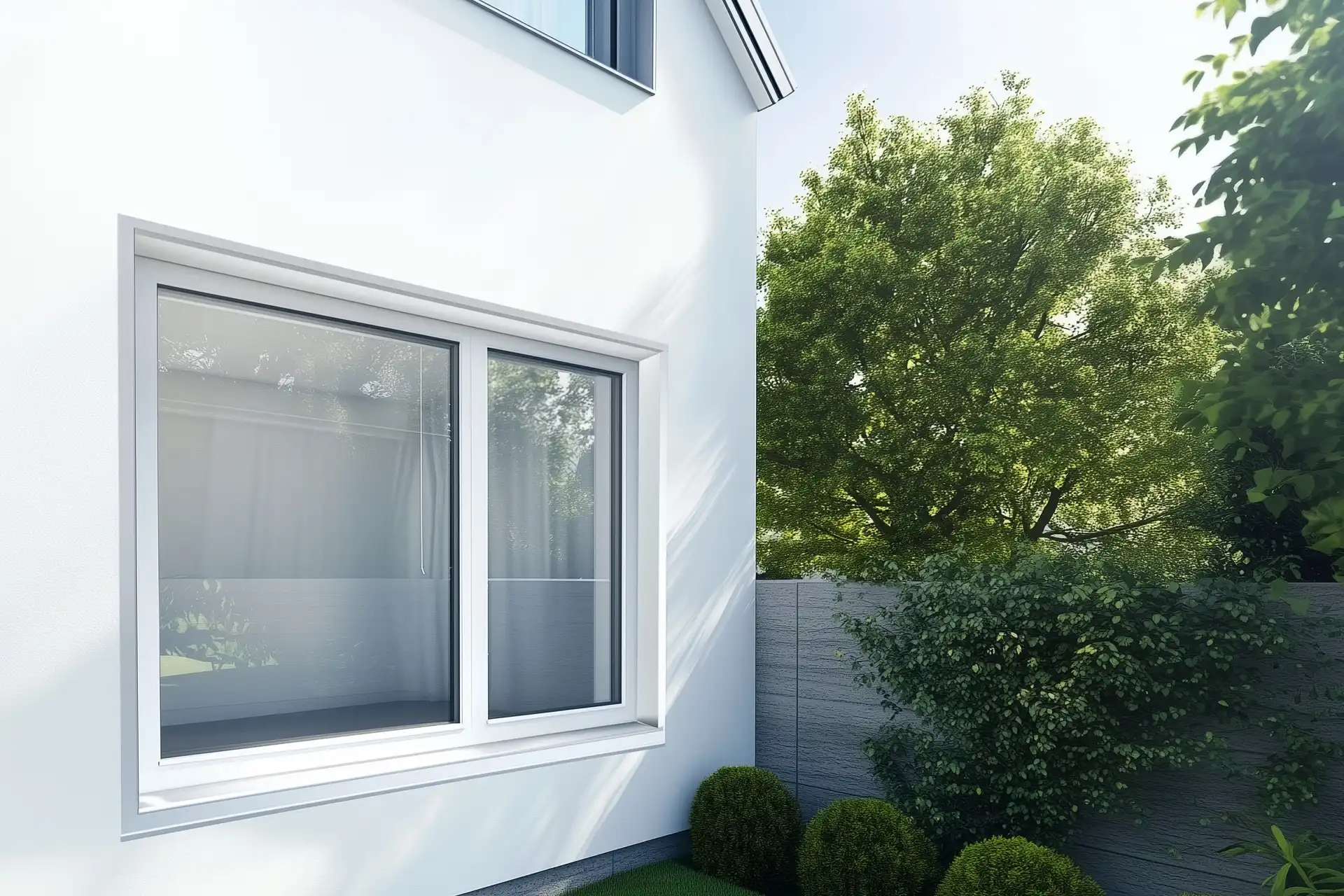 Blower Door Test: Helles Haus mit Fenster und Garten