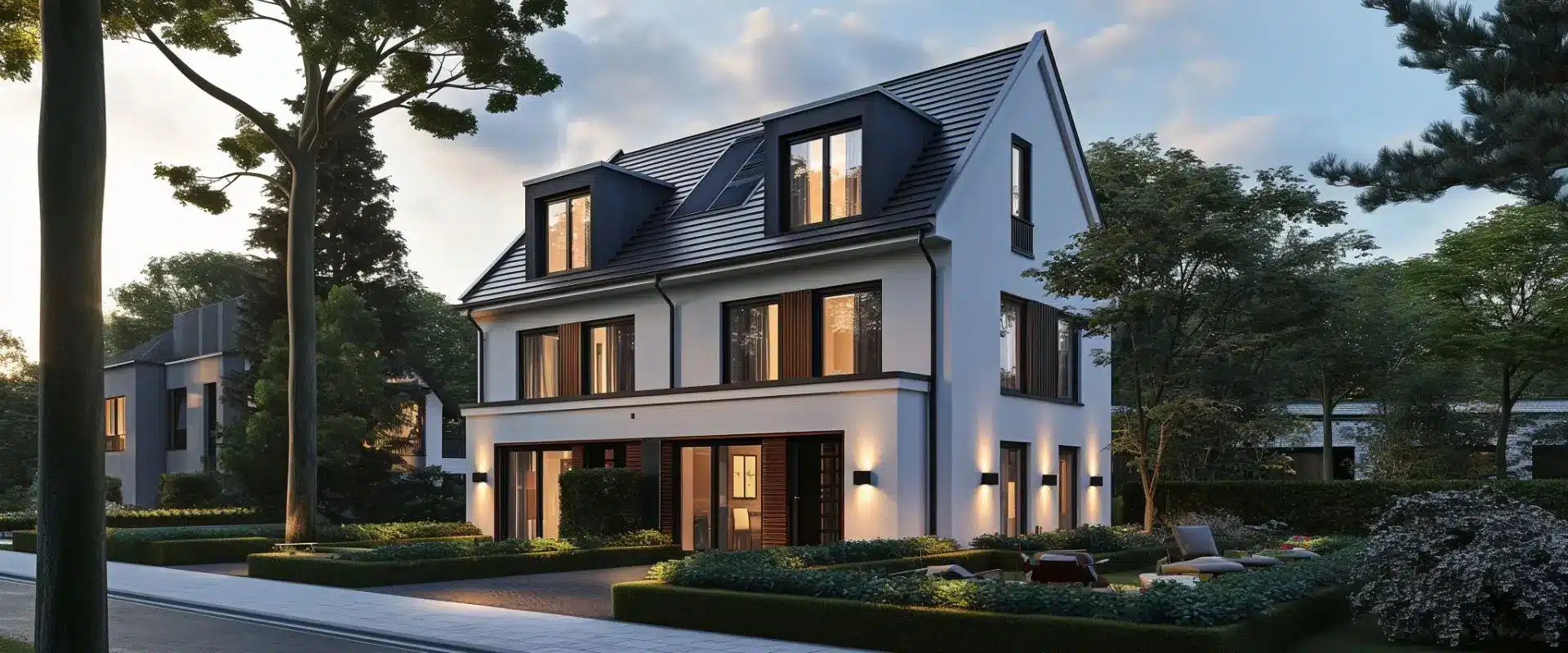 Modernes Haus mit Garten und Bäumen