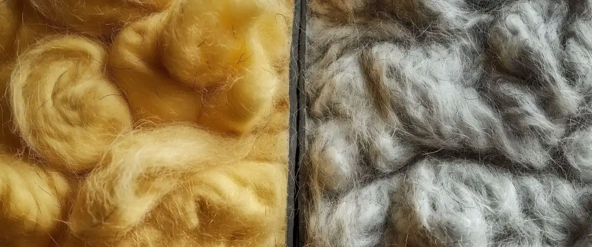 Dämmstoffe im Vergleich: Nahaufnahme von gelber und grauer Glaswolle, die weich und faserig wirkt und als Dämmmaterial verwendet wird.