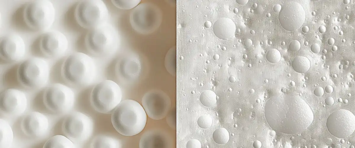 Dämmstoffe im Vergleich: Zwei nebeneinander dargestellte weiße Oberflächen mit runden, blasenähnlichen Strukturen, die EPS-Dämmstoff zeigen.