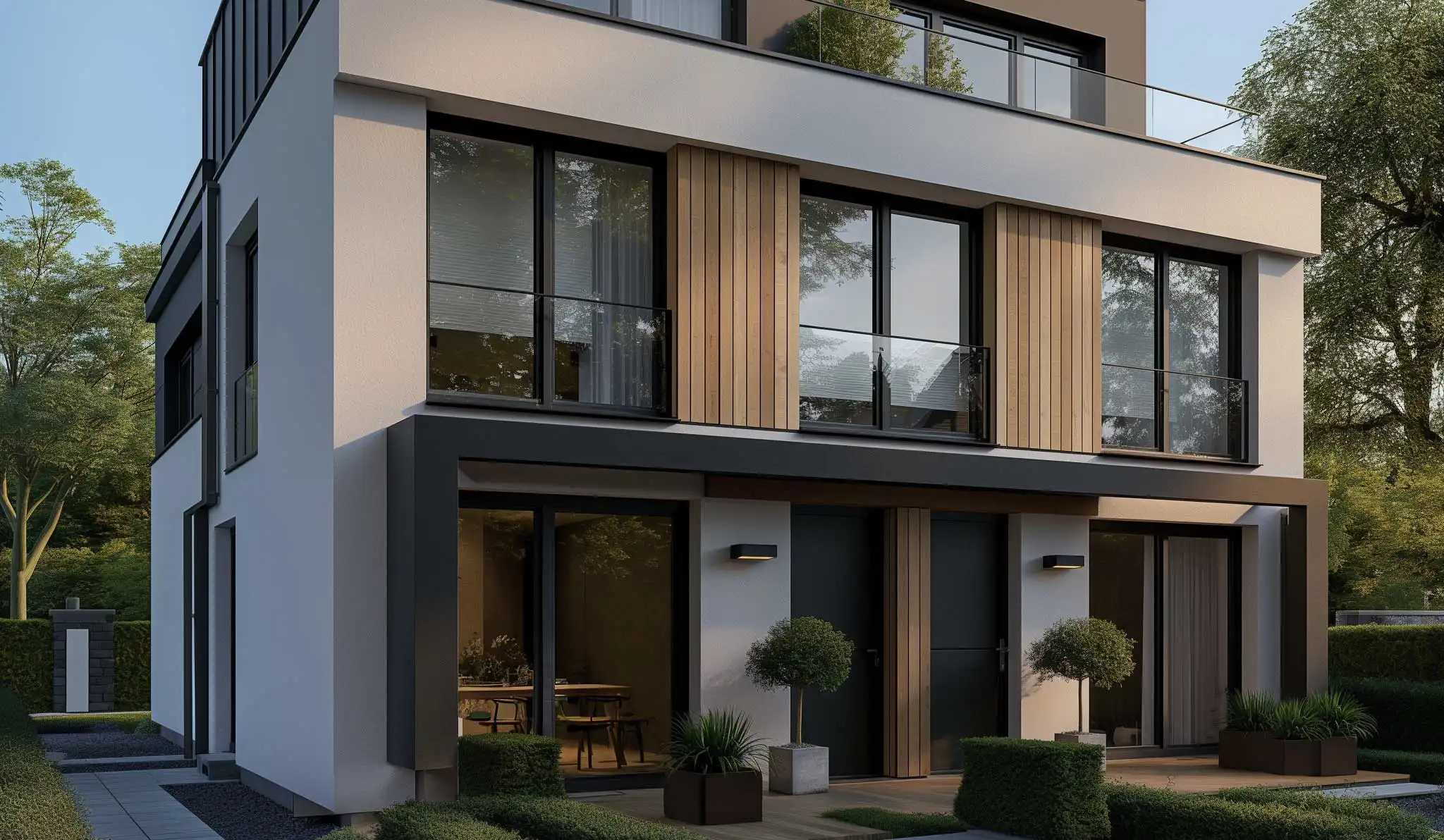 Nahaufnahme des stilvollen Eingangs eines modernen Wohnhauses, umgeben von grüner Begrünung. Eine hochwertige Immobilie als Kapitalanlage.