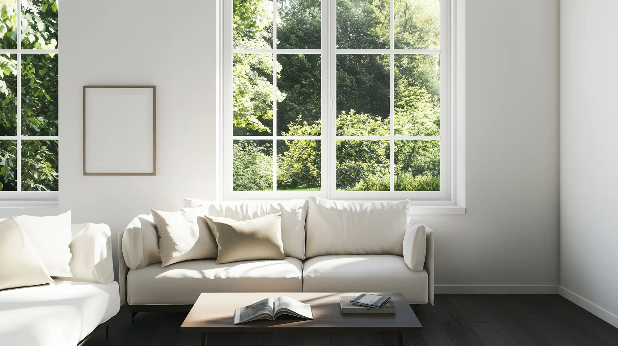 Schallschutz im Haus: Ein helles, freundliches Wohnzimmer mit einem großen, naturweißen Sofa, das vor einer breiten Fensterfront steht. Durch das Fenster kann man hinaus in einen grünen Garten blicken.