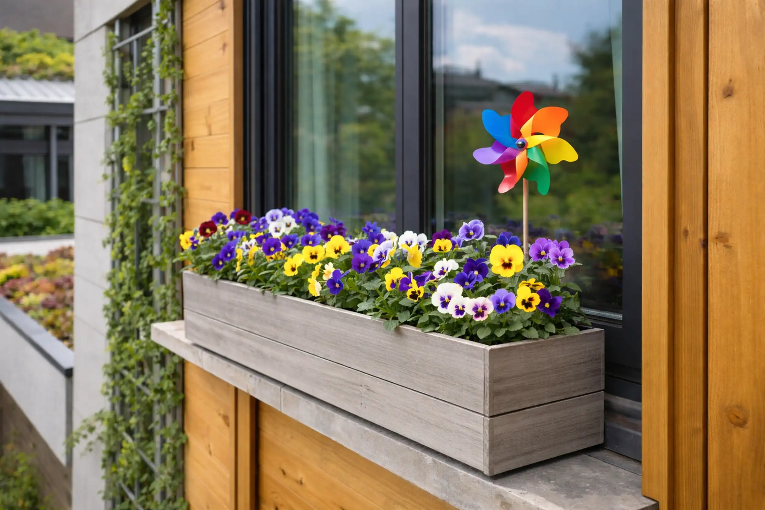 Umweltfreundlicher Hausbau: Blumenkasten mit lila, gelben und weißen Stiefmütterchen auf einer Fensterbank vor einer modernen Holzfassade, daneben eine bunte Windrad-Dekoration und begrünte Hauswand.