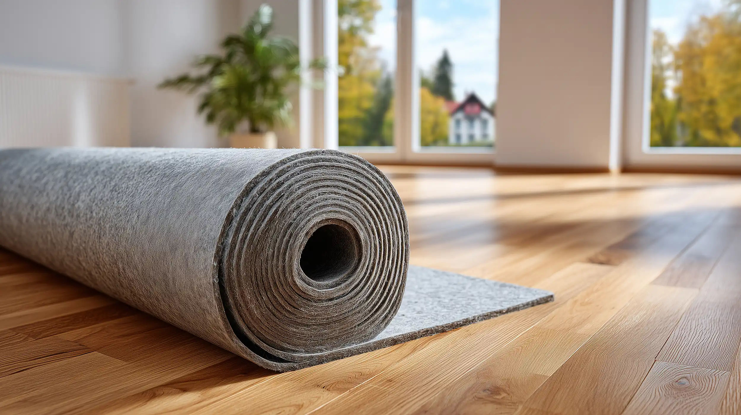 Gesund bauen: Rolle grauer Teppich auf Holzfußboden