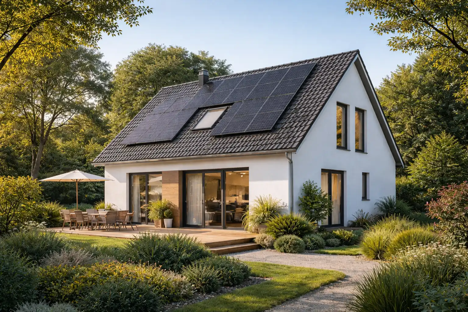 Energieeffizient bauen – Ein gemütliches Einfamilienhaus mit weißer Fassade, umgeben von Bäumen und Büschen.