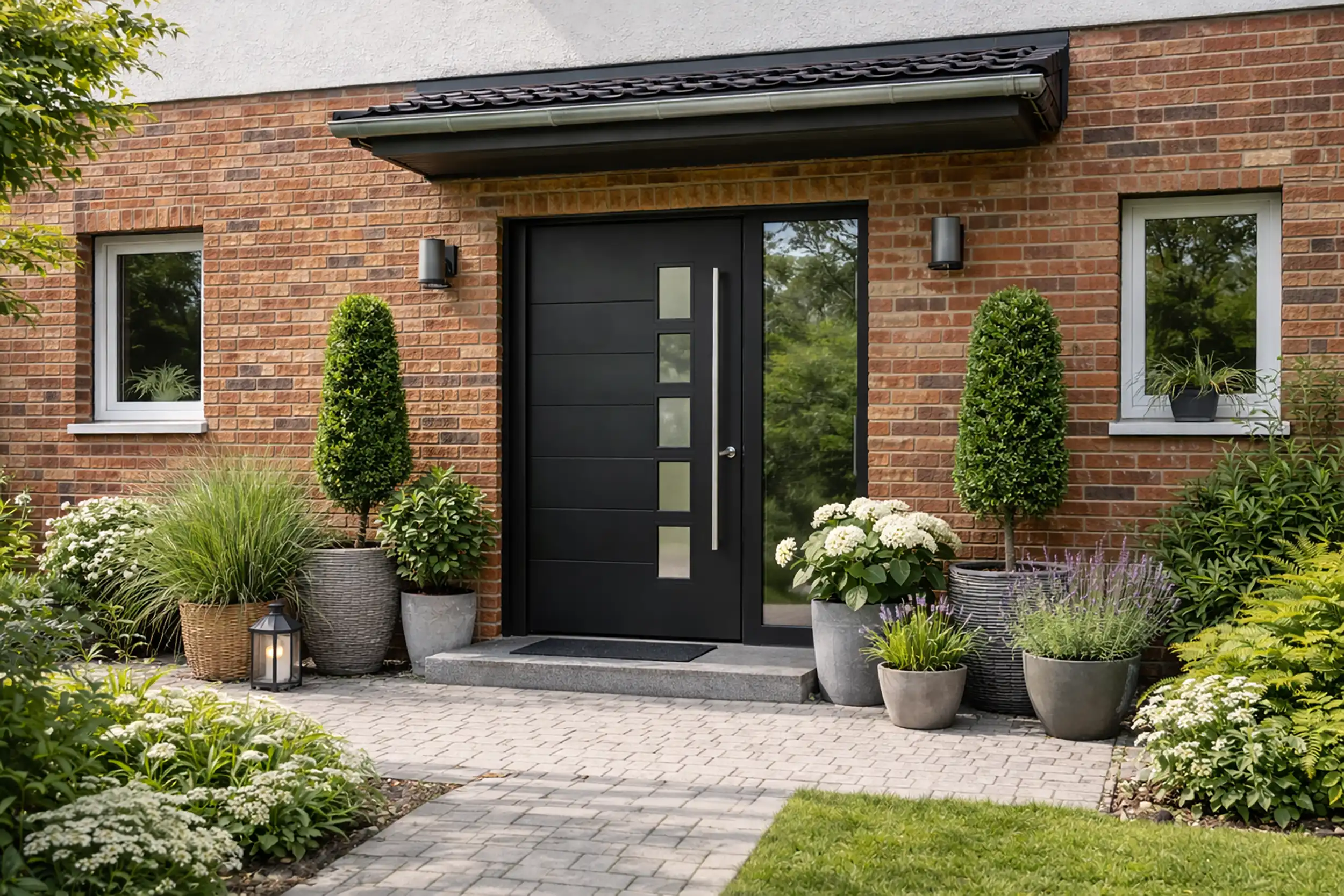 Was ist eine Einliegerwohnung? Ein modernes Ziegelhaus mit schwarzer Eingangstür und Pflanzen im Eingangsbereich.