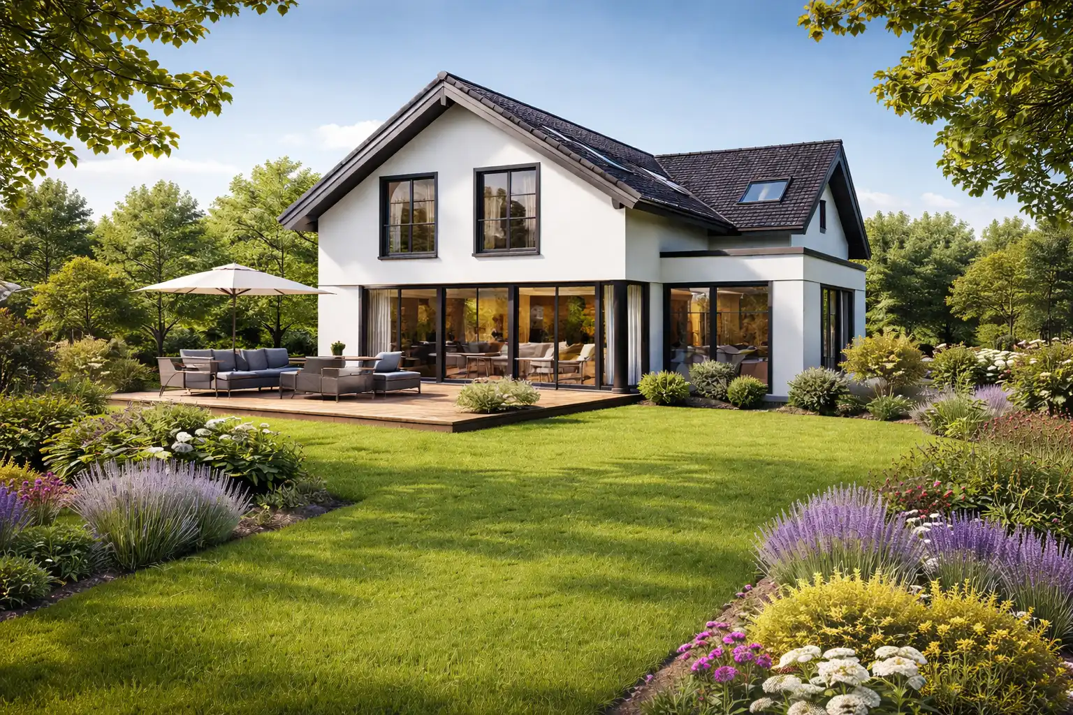 Kosten Hausbau Quadratmeter 2 Kosten Hausbau Quadratmeter: Modernes Einfamilienhaus mit Garten als Beispiel zur Veranschaulichung der Frage „Was kostet ein Quadratmeter Hausbau?“