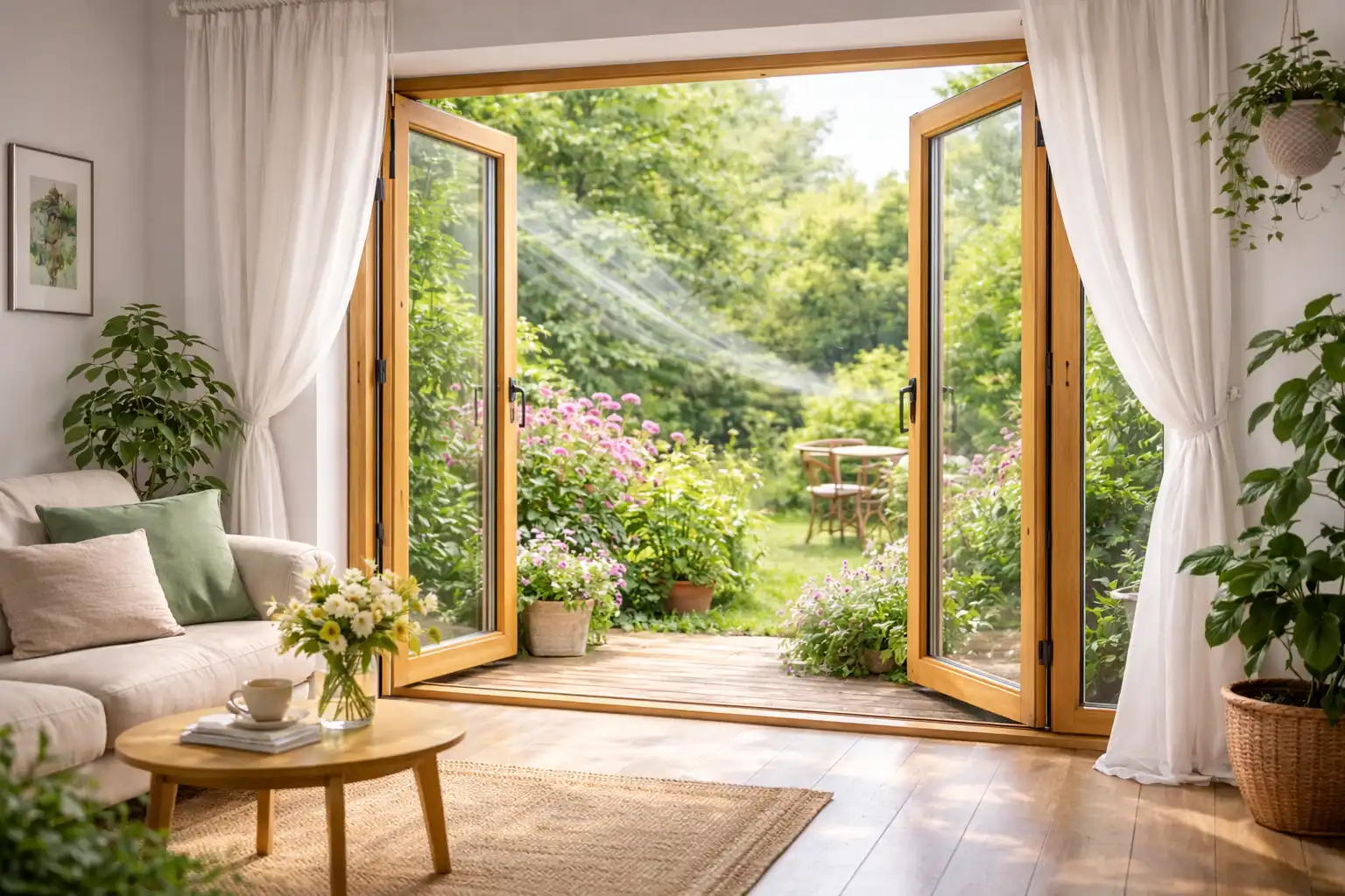 Richtig lüften 1 Richtig lüften: Ein Wohnzimmer mit einer weit geöffneten Balkontür, durch die frische Luft einströmt und der Blick auf einen blühenden Garten fällt. Helle Vorhänge rahmen die Tür ein