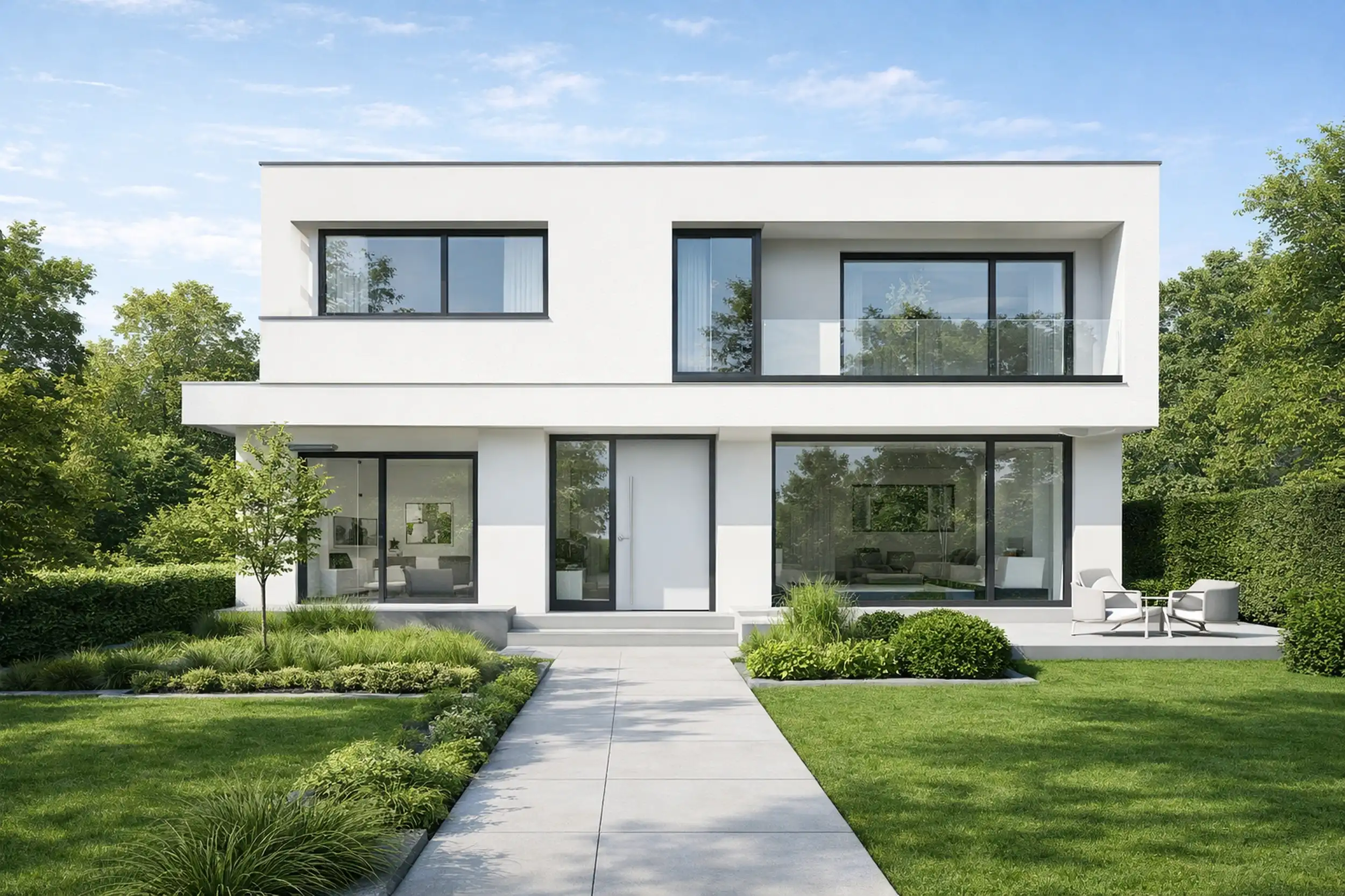 Zweitimmobilie als Kapitalanlage: Modernes weißes Einfamilienhaus mit Flachdach, großen Fensterfronten und gepflegtem Garten bei Tageslicht