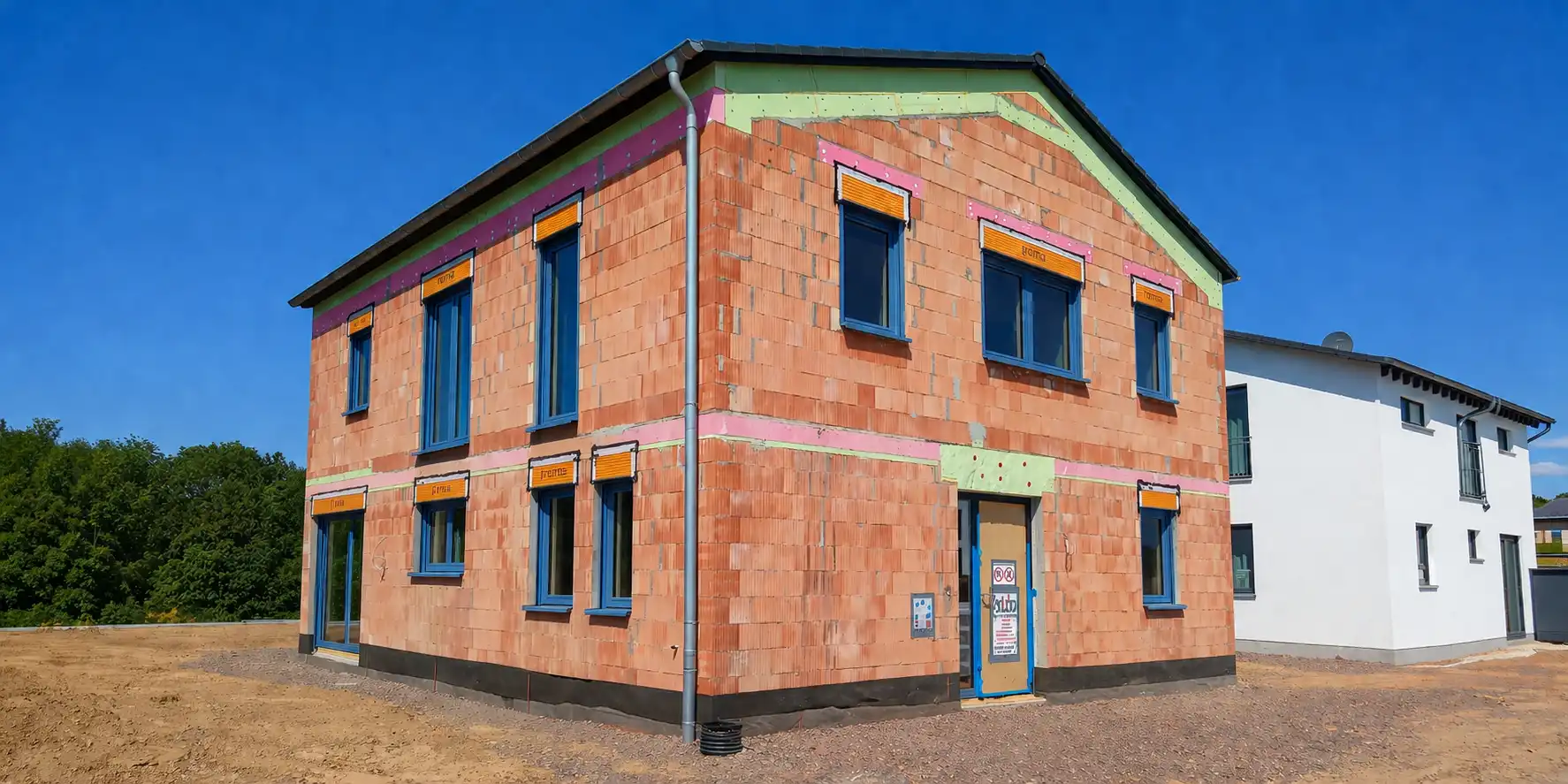 Schwieriges Grundstück bebauen 17 Massivhaus im Bau aus Porotonziegeln bei klarem, blauen Himmel.