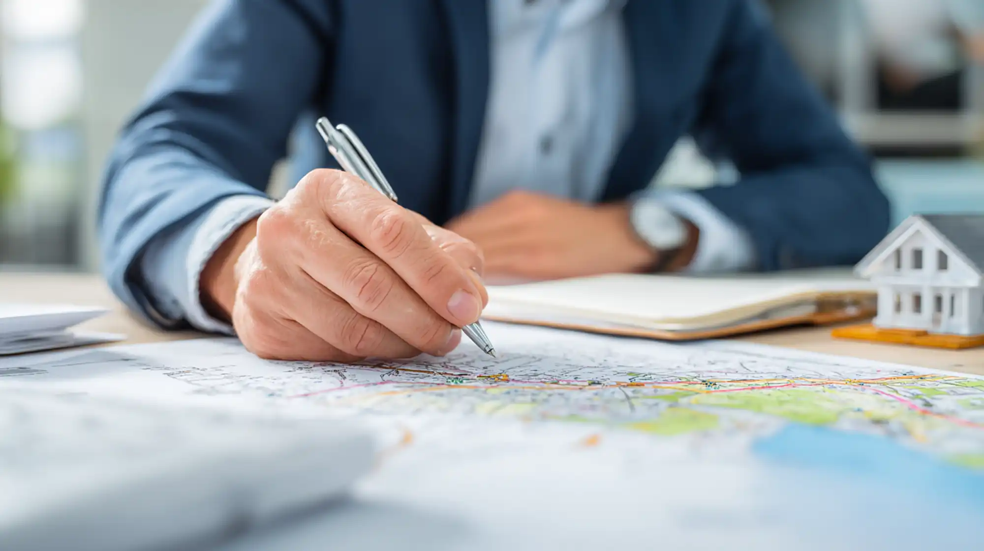 Standortwahl beim Hausbau als Kapitalanlage: Investor analysiert eine Regionalkarte und Standortunterlagen für ein geplantes Bauprojekt als Kapitalanlage.