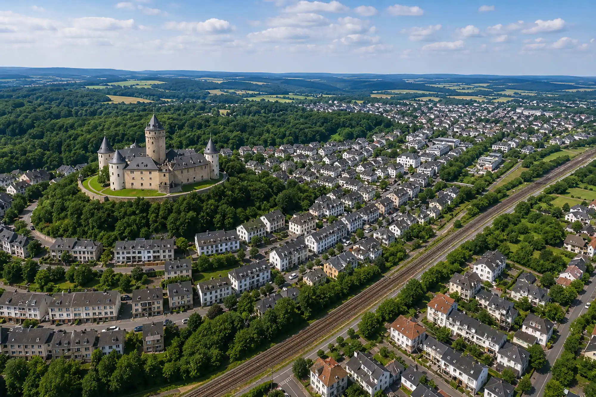 Bauregion 8 Luftaufnahme von Montabaur, auf der man zentral das Schloß sieht und darum symmetrisch angeordnete Wohngebiete
