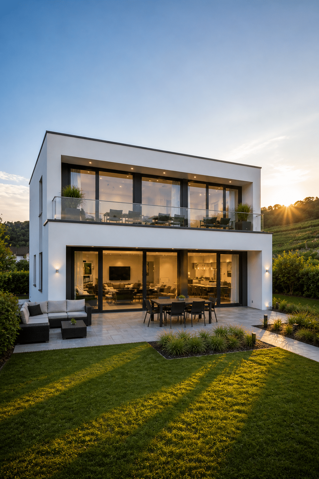 Massivhaus bauen in Nieder-Olm: Moderner Bungalow im Sonnenlicht in Weinbergen