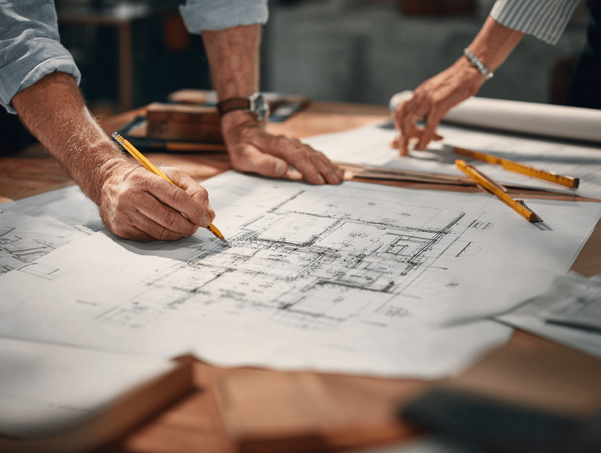 Haus auf kleinem Grundstück 1 Grundrissplanung für Architektin und Bauherr besprechen gemeinsam einen Grundrissplan für ein Haus auf kleinem Grundstück.